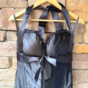 2XL Black Satin Corset Top Halter Neck Lace Boned Tie Back Zip Up Underwire